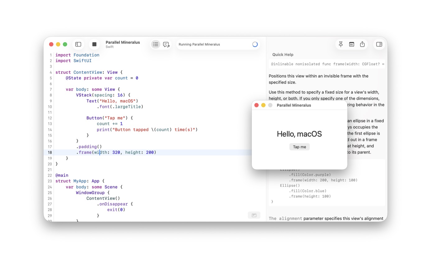 Notepad.exe with a SwiftUI file and the Mac window it is running, titled with a Tap me button