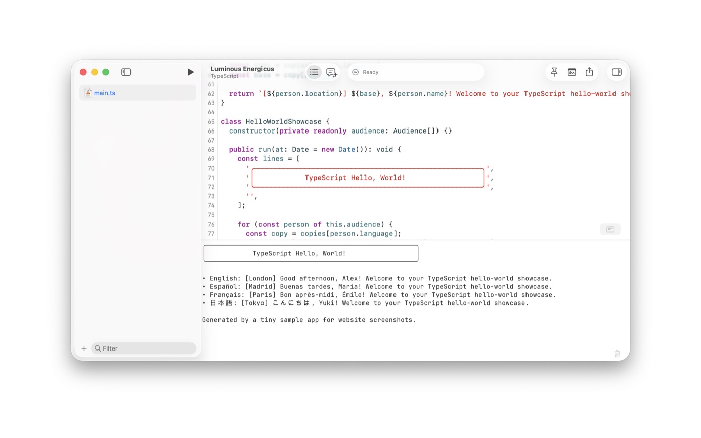 Notepad.exe editing a TypeScript file, with the program's printed hello-world lines under the editor